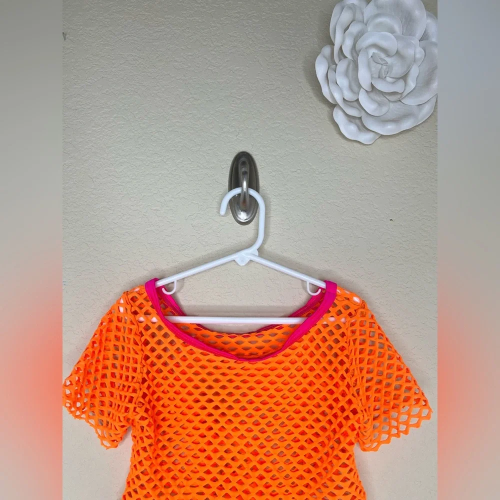 Girls Neon Orange Fishnet Dance Crop Top 80s Costume Mesh Cover Up Child M